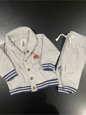 Janie and Jack Grey Jogger Set with Navy Trim and Dog Embroidery 3-6 mo 🐶🐾